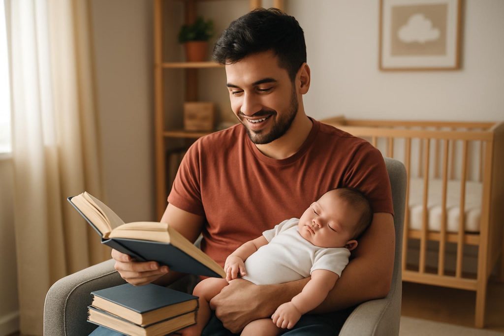Fit New Dad reading a book