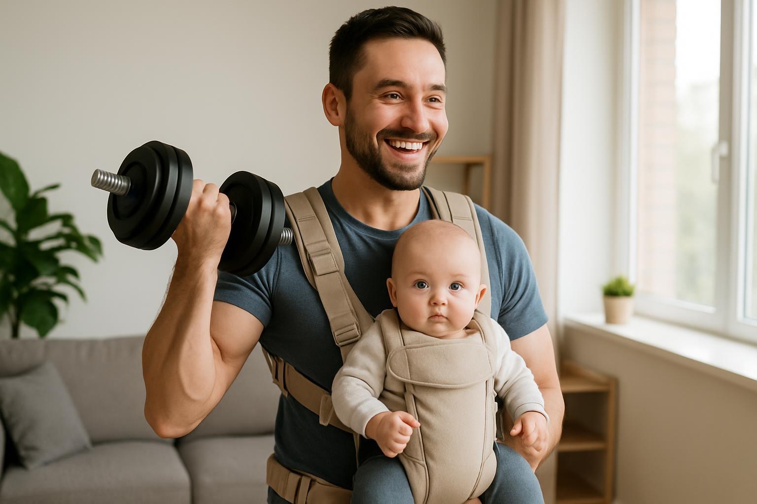 Fit new Dad lifting dumbbells