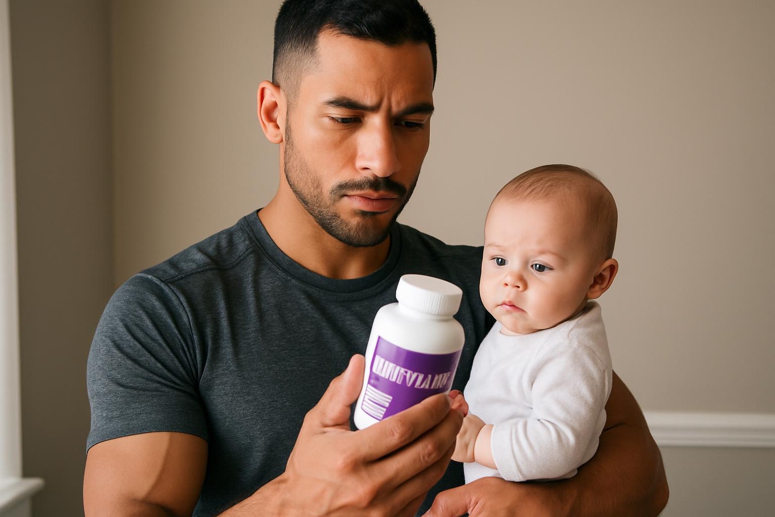 Fit New Dad reading a supplement bottle