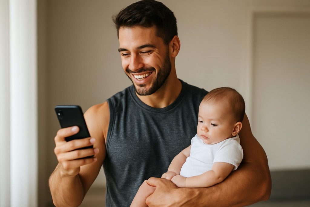 Fit New Dad reading his phone