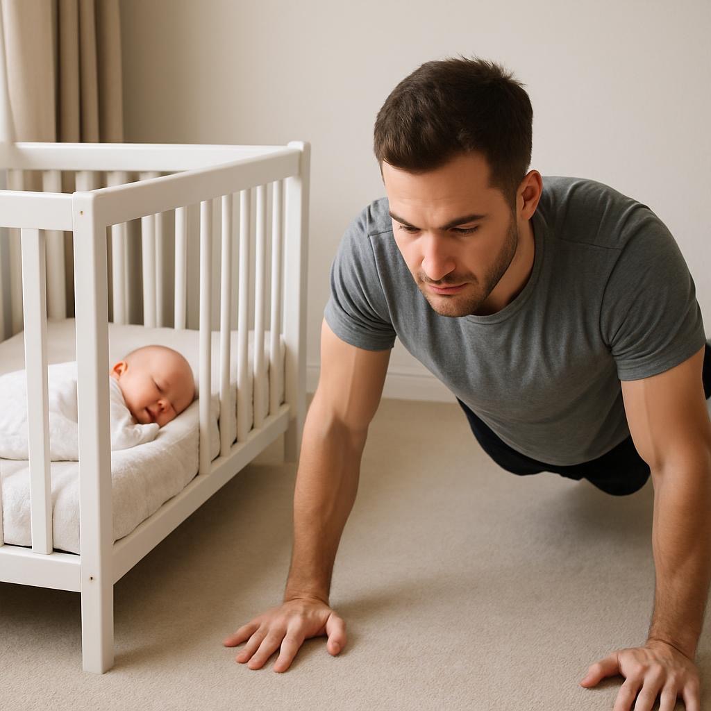 New dad doing a home workout with baby nearby