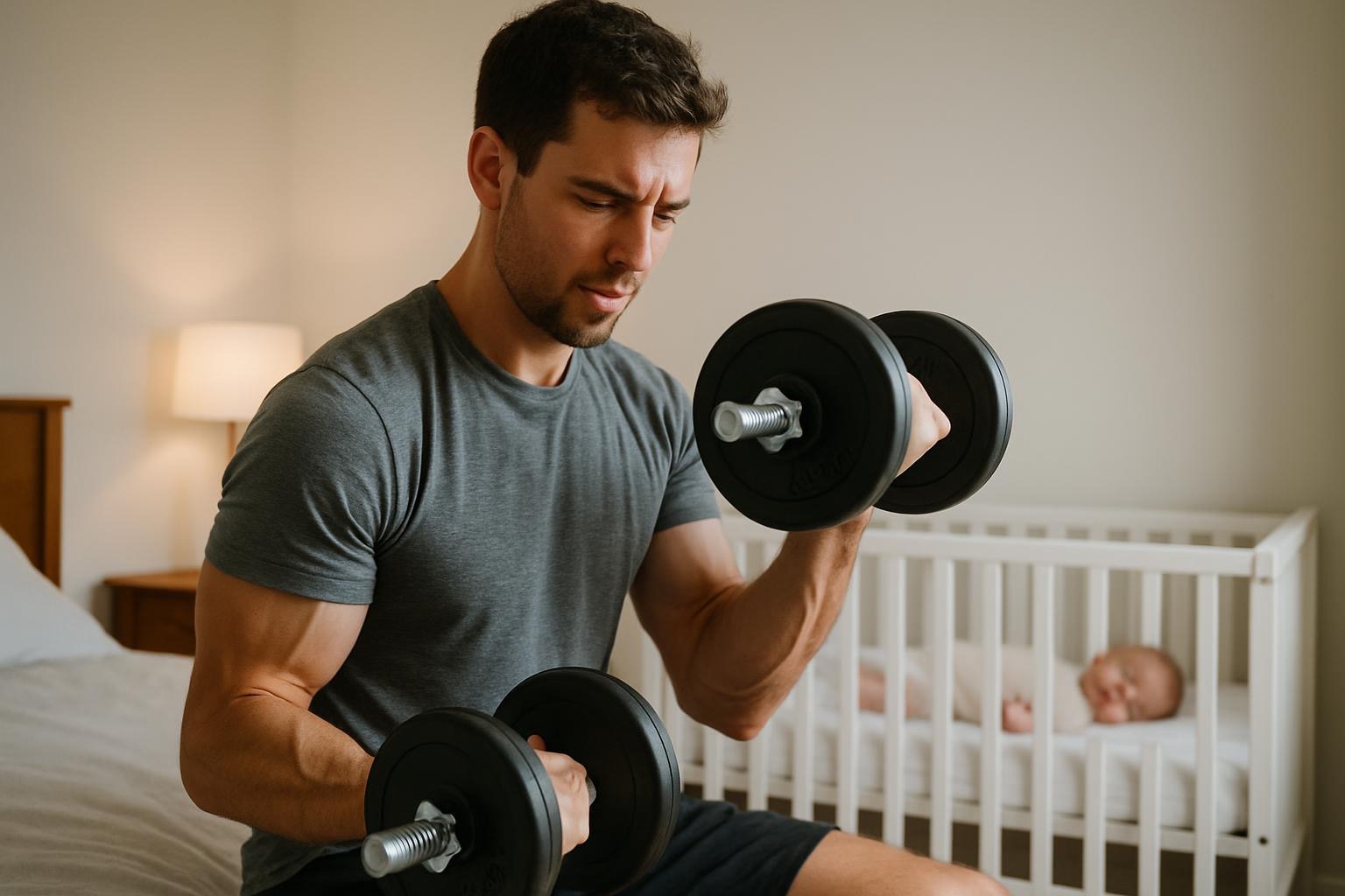 Athletic new dad lifting dumbbells whilst a baby sleeps in the background